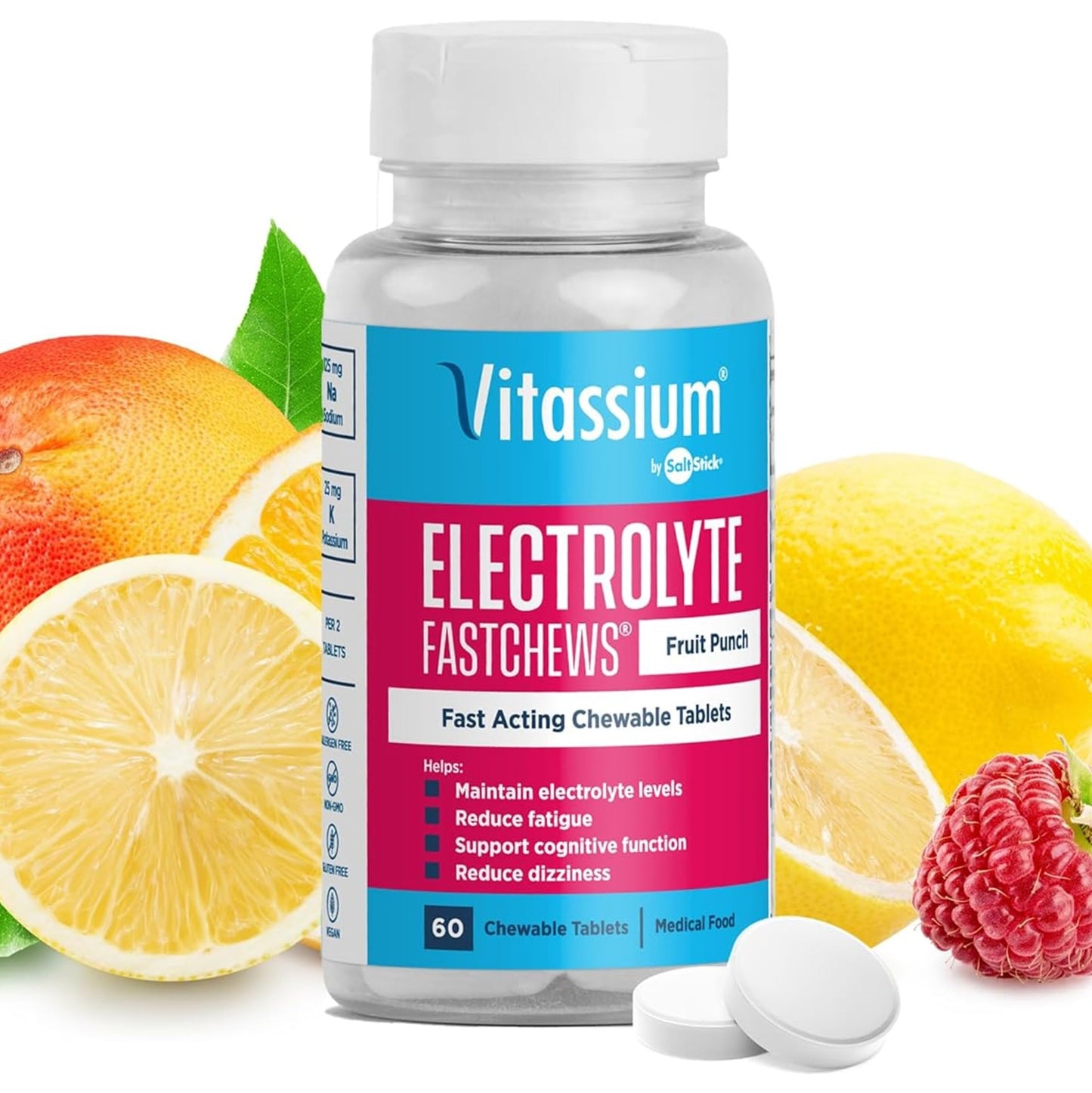 Vitassium FastChews Chewable Electrolyte Tablets for POTS & High-Sodium Diets - Fruit Punch 60 Count