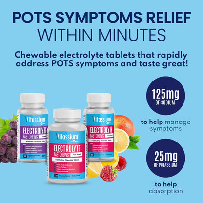 Vitassium FastChews Chewable Electrolyte Tablets for POTS & High-Sodium Diets - Fruit Punch 60 Count
