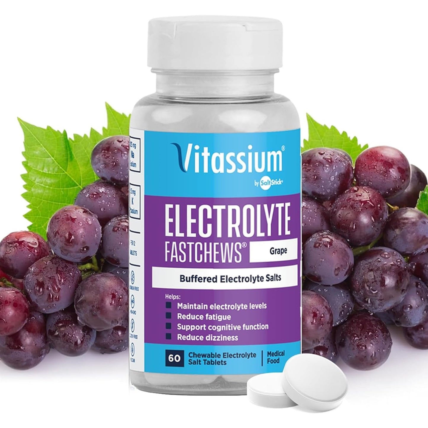 Vitassium FastChews – Chewable Electrolyte Tablets for POTS (Grape) 60 Count