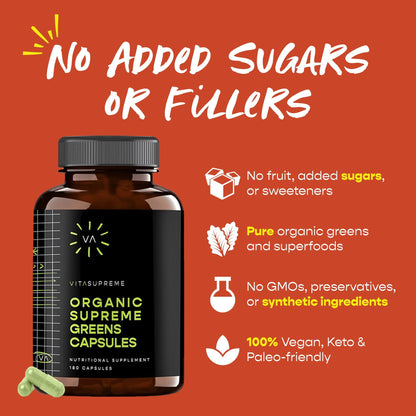 VITASUPREME Organic Super Greens Capsules – Gut Health, Immunity, Energy (Non-GMO, Keto, Vegan) 180 Capsules