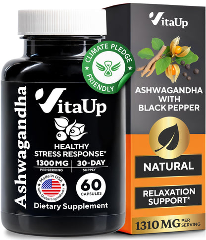VitaUp Ashwagandha 1310mg with Black Pepper – USA Made, Relaxation & Cognitive Support (60 Caps)