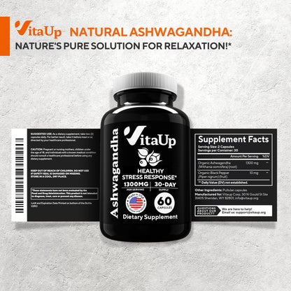 VitaUp Ashwagandha 1310mg with Black Pepper – USA Made, Relaxation & Cognitive Support (60 Caps)