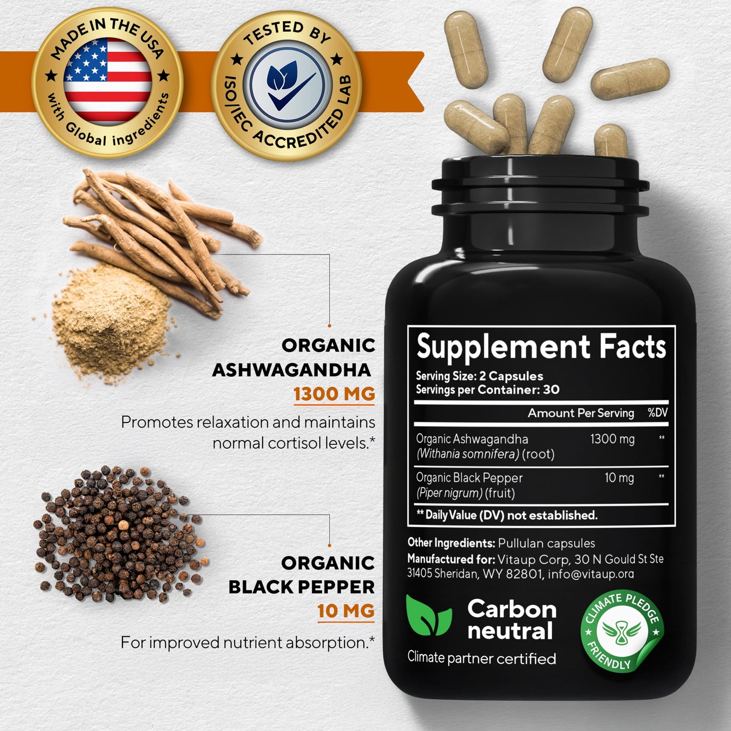 VitaUp Ashwagandha 1310mg with Black Pepper – USA Made, Relaxation & Cognitive Support (60 Caps)