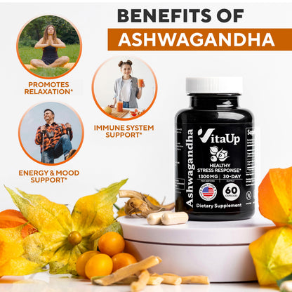 VitaUp Ashwagandha 1310mg with Black Pepper – USA Made, Relaxation & Cognitive Support (60 Caps)
