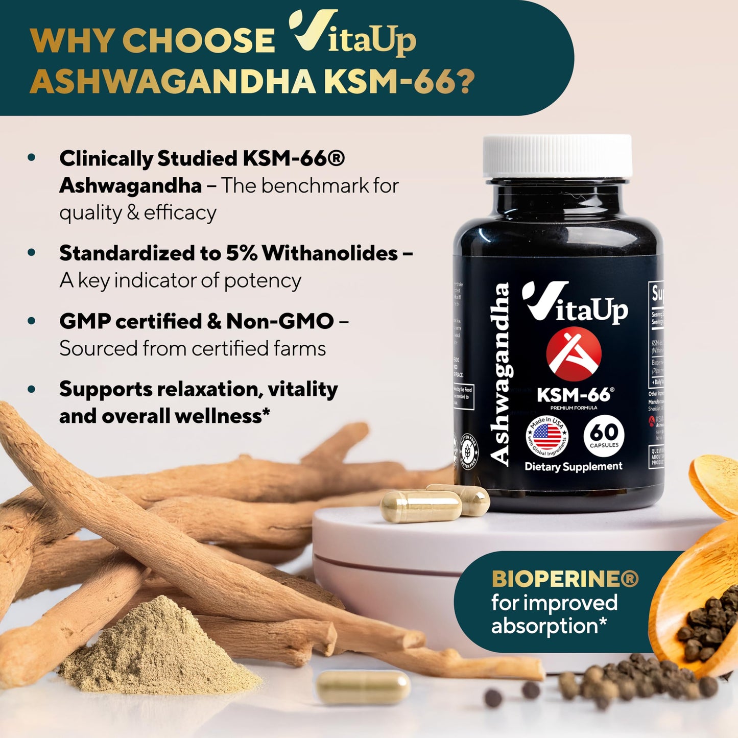 VitaUp Ashwagandha KSM-66 with Bioperine – USA Made, Relaxation & Focus
