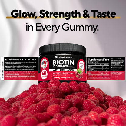 VitaUp Biotin Gummies 10000mcg – Extra Strength Hair, Skin & Nails with Collagen (60 ct)