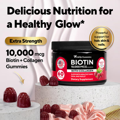 VitaUp Biotin Gummies 10000mcg – Extra Strength Hair, Skin & Nails with Collagen (60 ct)