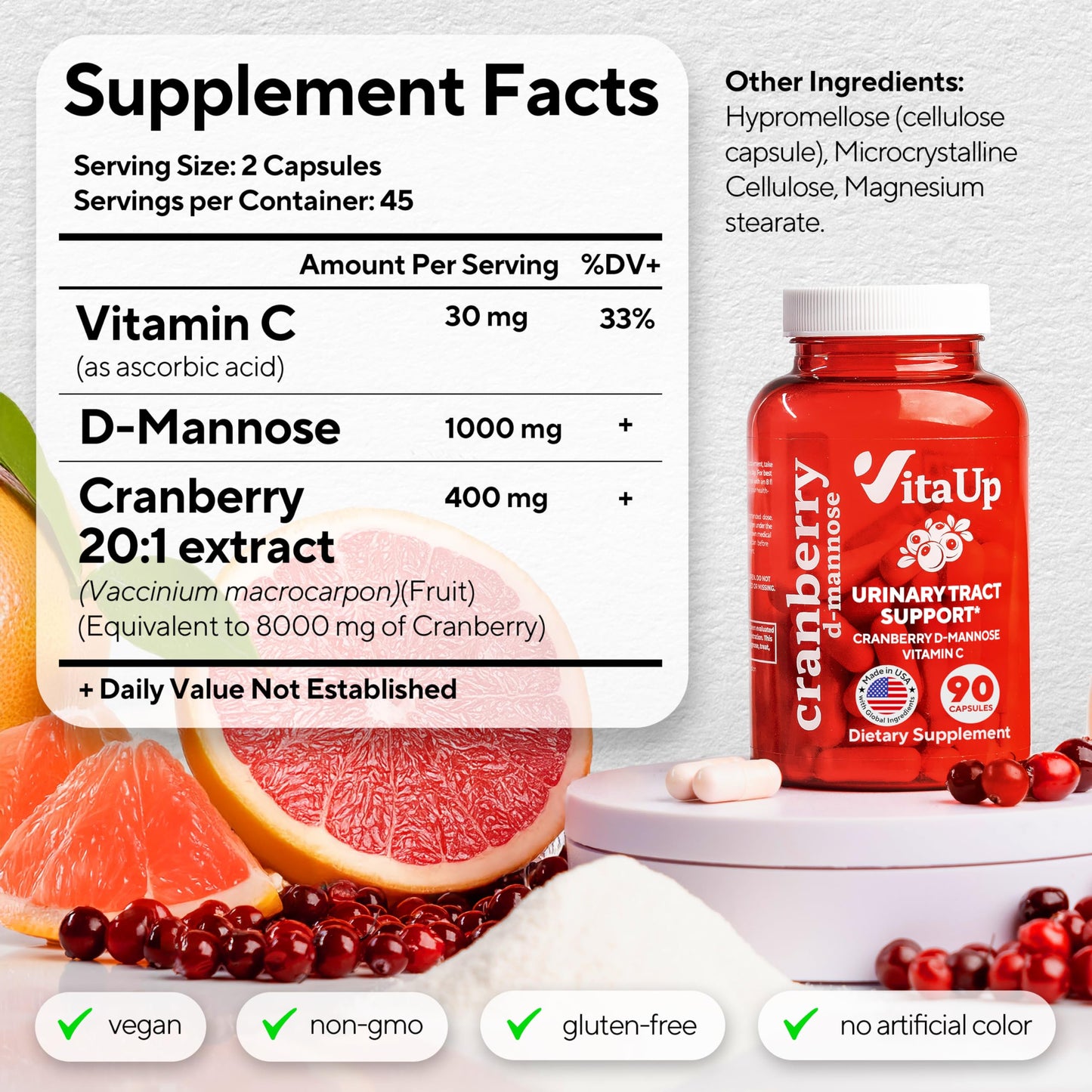 VitaUp D-Mannose with Cranberry & Vitamin C – USA Made 1000mg Capsules (90 Count)