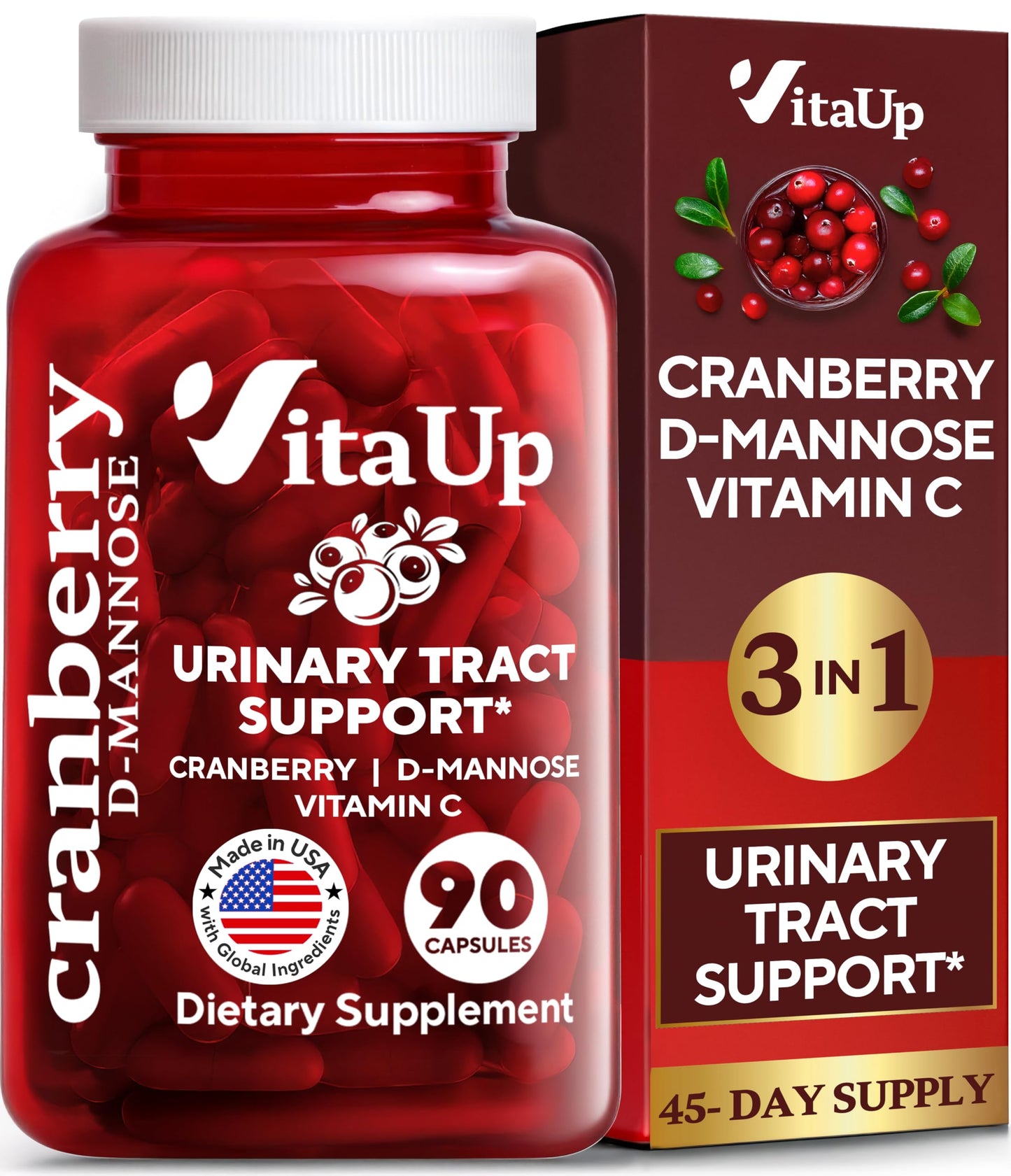 VitaUp D-Mannose with Cranberry & Vitamin C – USA Made 1000mg Capsules (90 Count)
