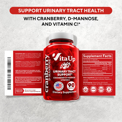 VitaUp D-Mannose with Cranberry & Vitamin C – USA Made 1000mg Capsules (90 Count)