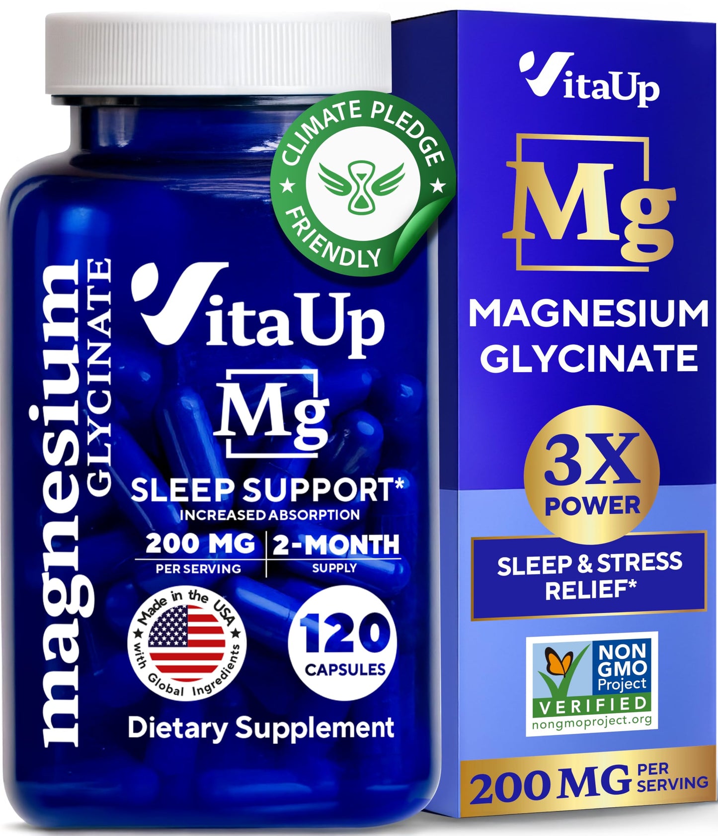 VitaUp Magnesium Glycinate 200mg - USA Made, High-Absorption for Sleep & Heart