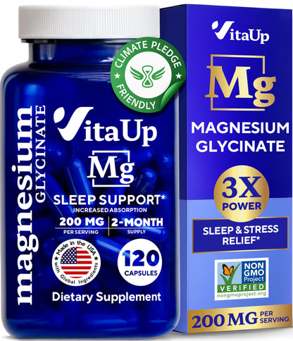 VitaUp Magnesium Glycinate 200mg - USA Made, High-Absorption for Sleep & Heart