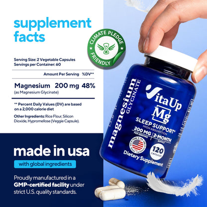 VitaUp Magnesium Glycinate 200mg - USA Made, High-Absorption for Sleep & Heart