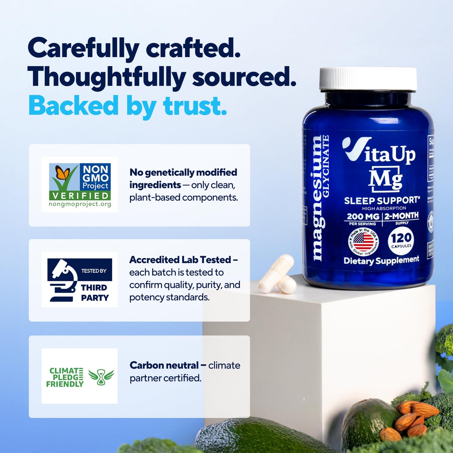 VitaUp Magnesium Glycinate 200mg - USA Made, High-Absorption for Sleep & Heart