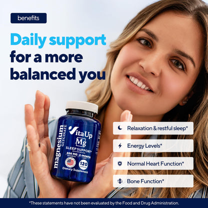 VitaUp Magnesium Glycinate 200mg - USA Made, High-Absorption for Sleep & Heart