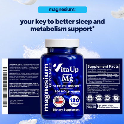 VitaUp Magnesium Glycinate 200mg - USA Made, High-Absorption for Sleep & Heart