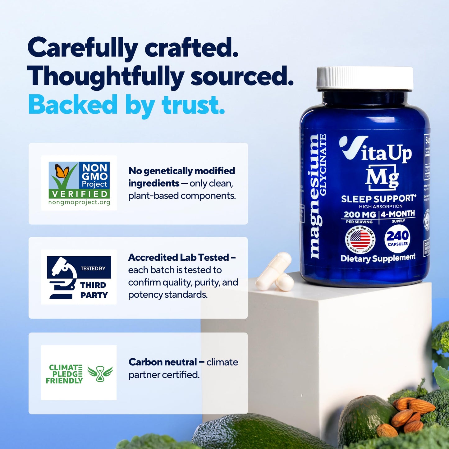 VitaUp Magnesium Glycinate 200mg – USA Made, Sleep & Heart Support
