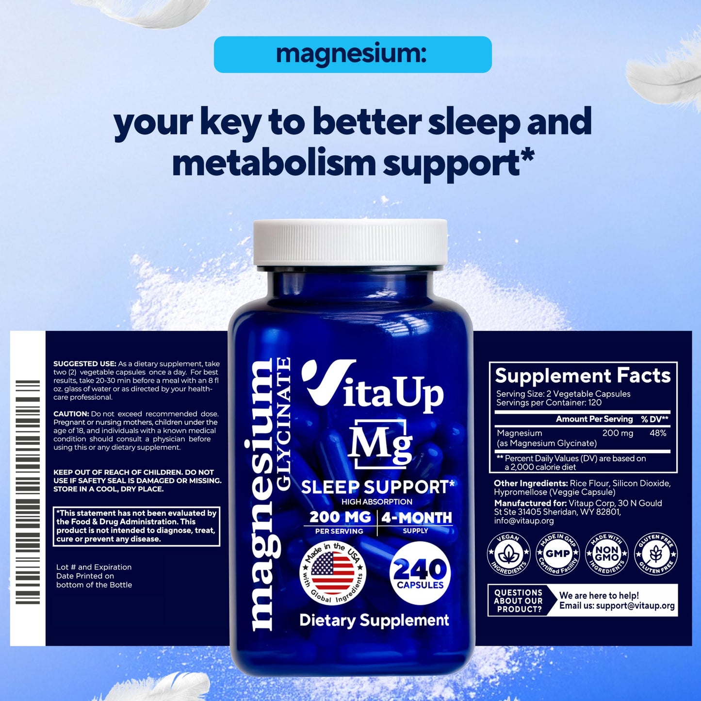 VitaUp Magnesium Glycinate 200mg – USA Made, Sleep & Heart Support