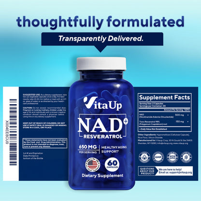 VitaUp NAD+ Resveratrol Supplement - USA Made NAD+ 650mg for Healthy Aging, Energy & Focus - 60 Count
