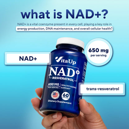 VitaUp NAD+ Resveratrol Supplement - USA Made NAD+ 650mg for Healthy Aging, Energy & Focus - 60 Count