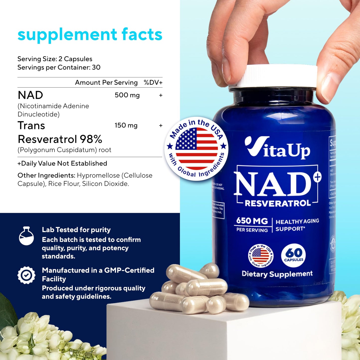 VitaUp NAD+ Resveratrol Supplement - USA Made NAD+ 650mg for Healthy Aging, Energy & Focus - 60 Count