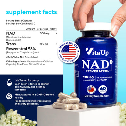 VitaUp NAD+ Resveratrol Supplement - USA Made NAD+ 650mg for Healthy Aging, Energy & Focus - 60 Count