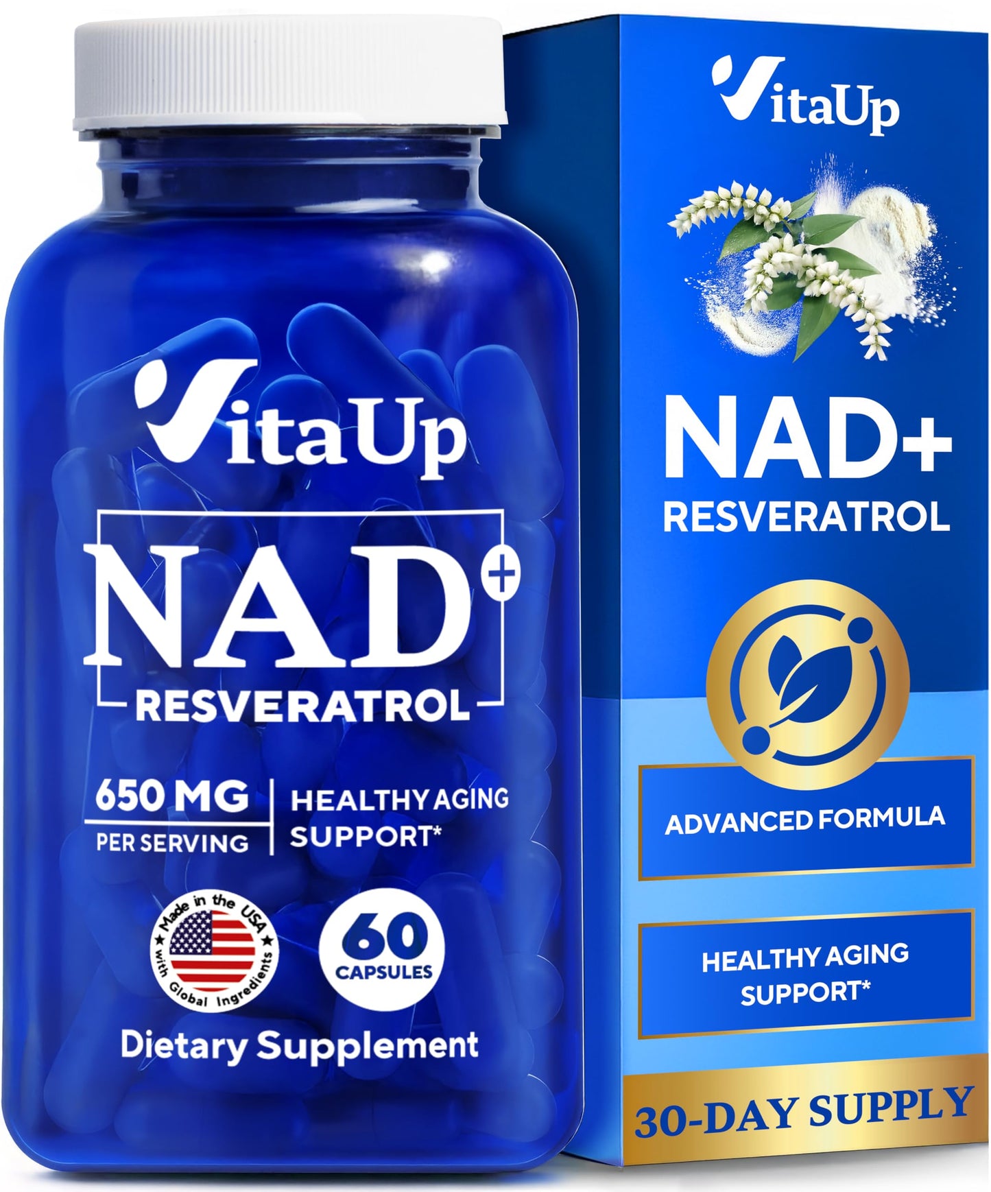 VitaUp NAD+ Resveratrol Supplement - USA Made NAD+ 650mg for Healthy Aging, Energy & Focus - 60 Count