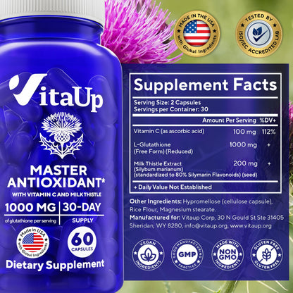 VitaUp Reduced Glutathione 1000mg Capsules – USA Made, Vitamin C & Milk Thistle (60 Count)