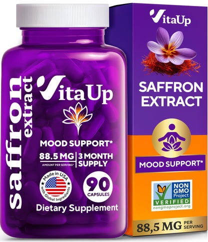 VitaUp Saffron Supplements – USA Made Saffron Extract 88.5 mg – Non-GMO, 90 Vegan Capsules | Mood, Energy & Cognitive Support