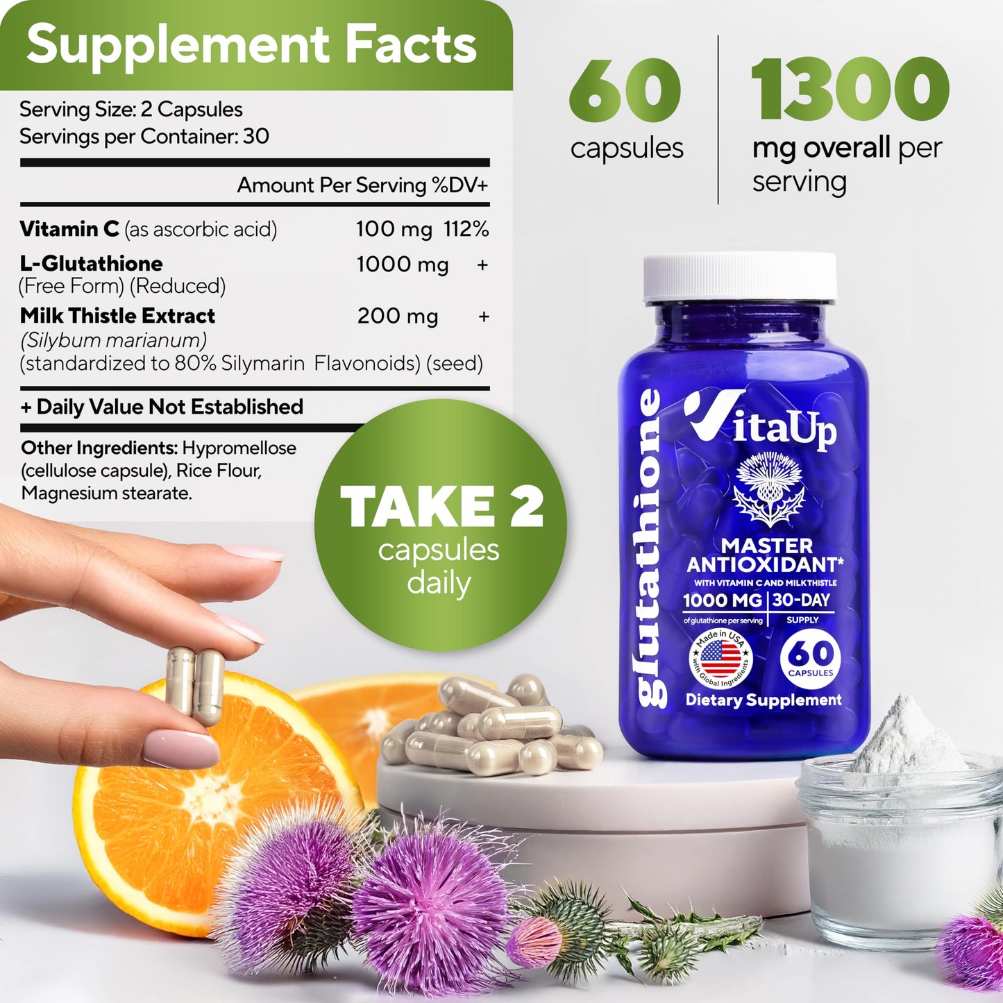 VitaUp Reduced Glutathione 1000mg Capsules – USA Made, Vitamin C & Milk Thistle (60 Count)