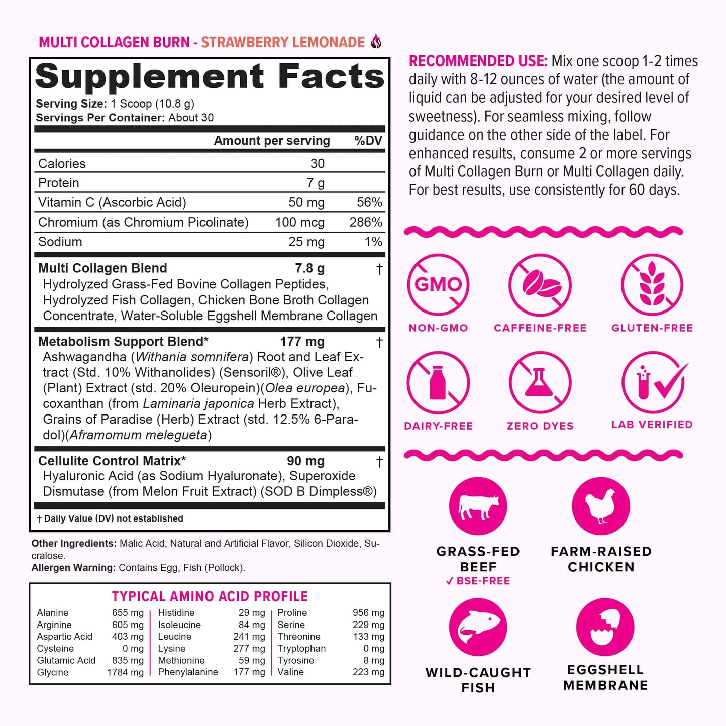 Vitauthority Multi Collagen Burn – Caffeine-Free Strawberry Lemonade, 30 Servings