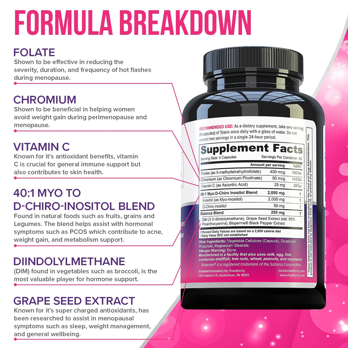 Vitauthority Women's Hormone Balance Supplement - 40:1 Myo-Inositol & D-Chiro Inositol + DIM | Skin, Energy & Cycle Support