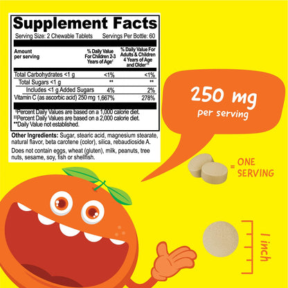 VitaWorks Kids Vitamin C Chewables – 250 mg Orange Flavor | 120 Chewables | Vegan & Gluten Free