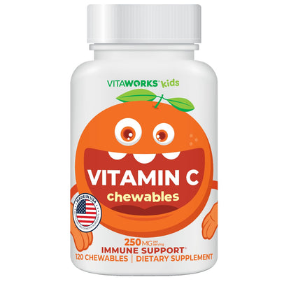 VitaWorks Kids Vitamin C Chewables – 250 mg Orange Flavor | 120 Chewables | Vegan & Gluten Free