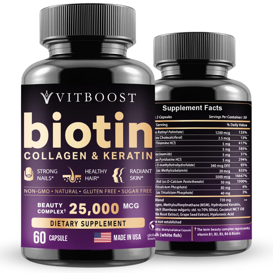 VITBOOST Biotin 25000 mcg with Hyaluronic Acid, Collagen & Keratin – 60 Capsules – USA Made