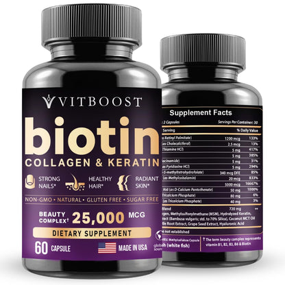 VITBOOST Biotin 25000 mcg with Hyaluronic Acid, Collagen & Keratin – 60 Capsules – USA Made