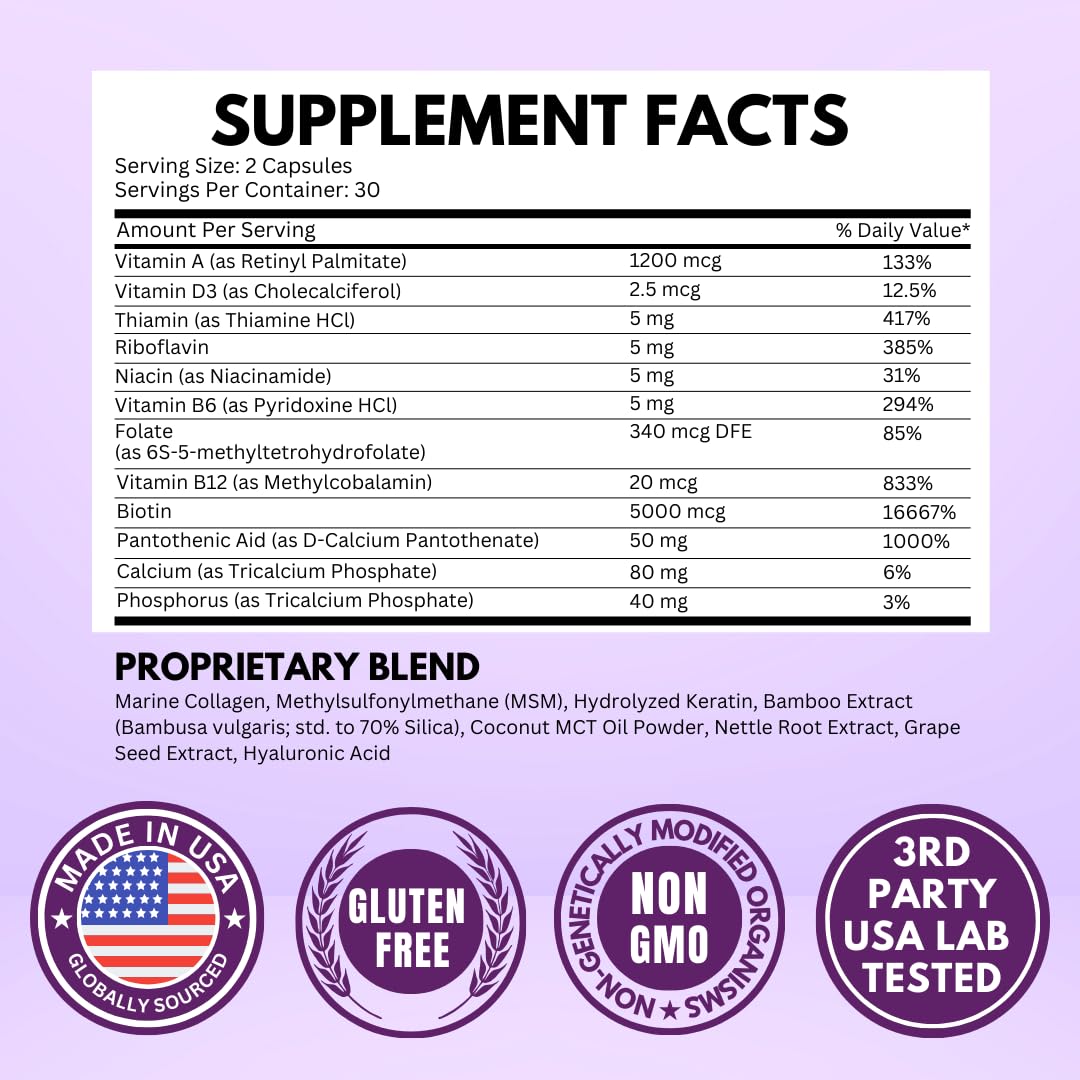 VITBOOST Biotin 25000 mcg with Hyaluronic Acid, Collagen & Keratin – 60 Capsules – USA Made