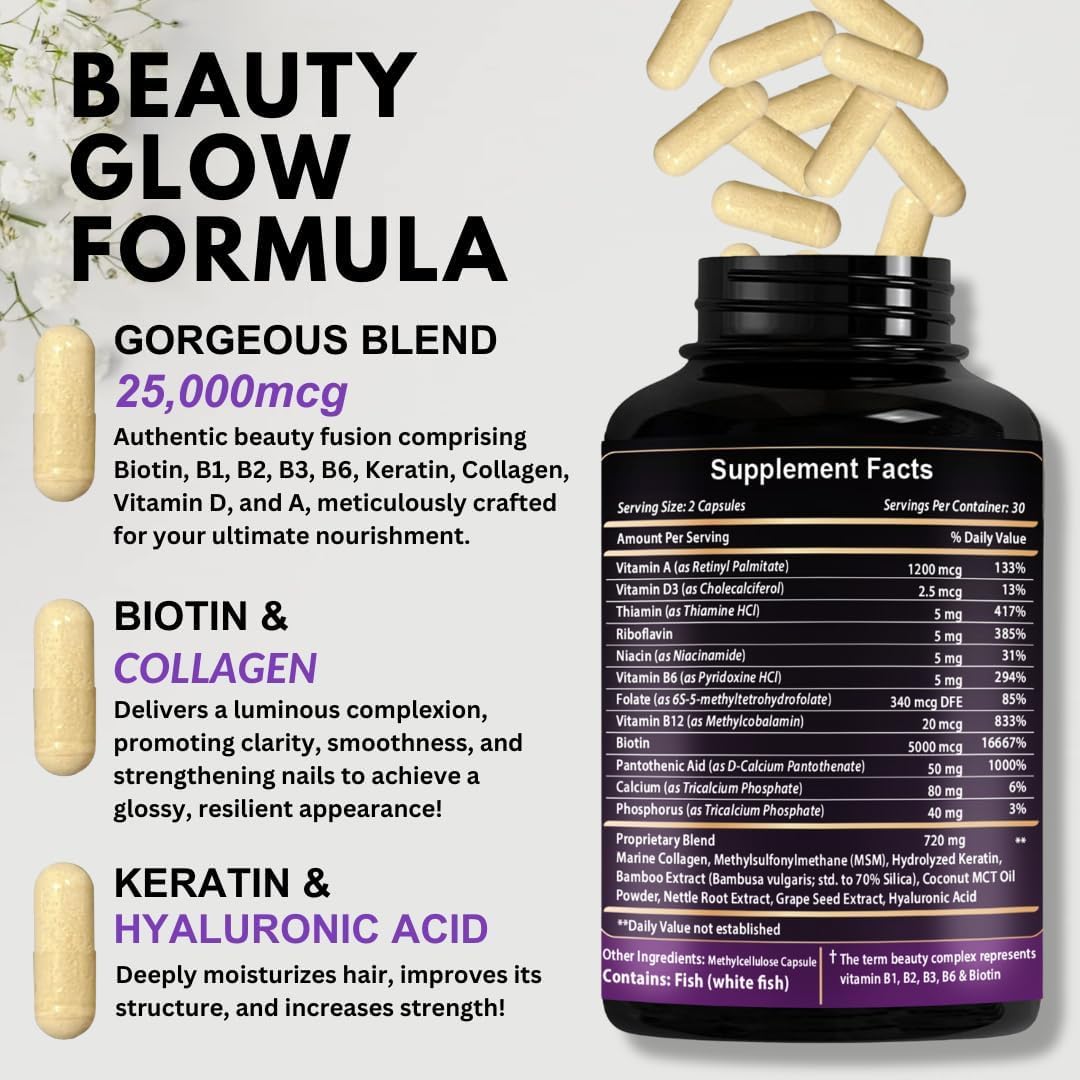 Vitboost Biotin with Hyaluronic Acid, Collagen & Keratin – 25000 mcg Hair Growth Vitamins for Men & Women – 120 Capsules – USA Made