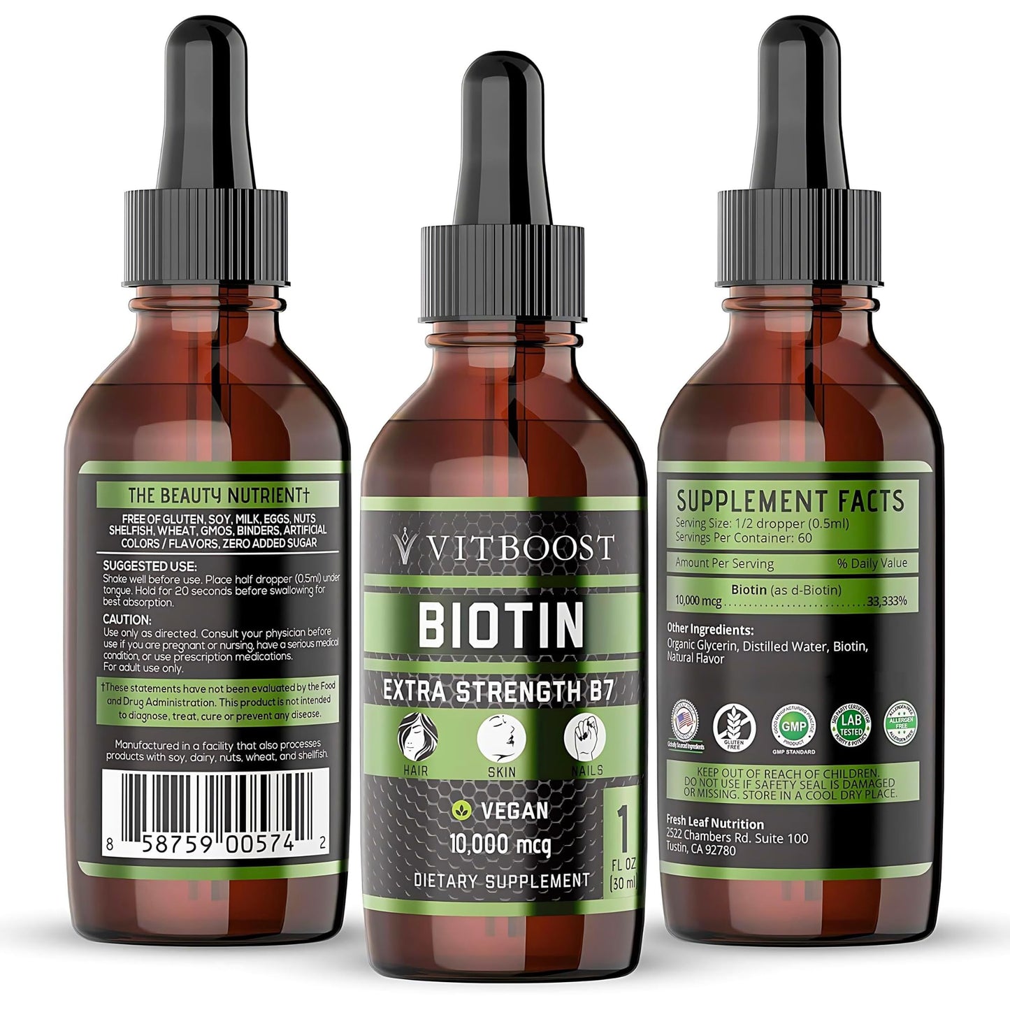 VITBOOST Extra Strength Biotin Liquid Drops 10,000mcg | Vegan Berry Flavor, 60 Servings