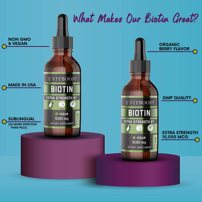 VITBOOST Extra Strength Biotin Liquid Drops 10,000mcg | Vegan Berry Flavor, 60 Servings