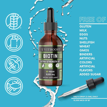 VITBOOST Extra Strength Biotin Liquid Drops 10,000mcg | Vegan Berry Flavor, 60 Servings