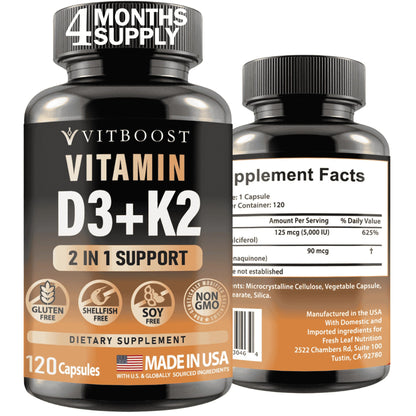 VITBOOST Vitamin D3 K2 Complex - Easy to Swallow - Vitamin D (D3) 5000 IU (125 mcg) & K2(MK-7) 90 mcg | Non-GMO | Gluten-Free | USA Made | 120 Capsules