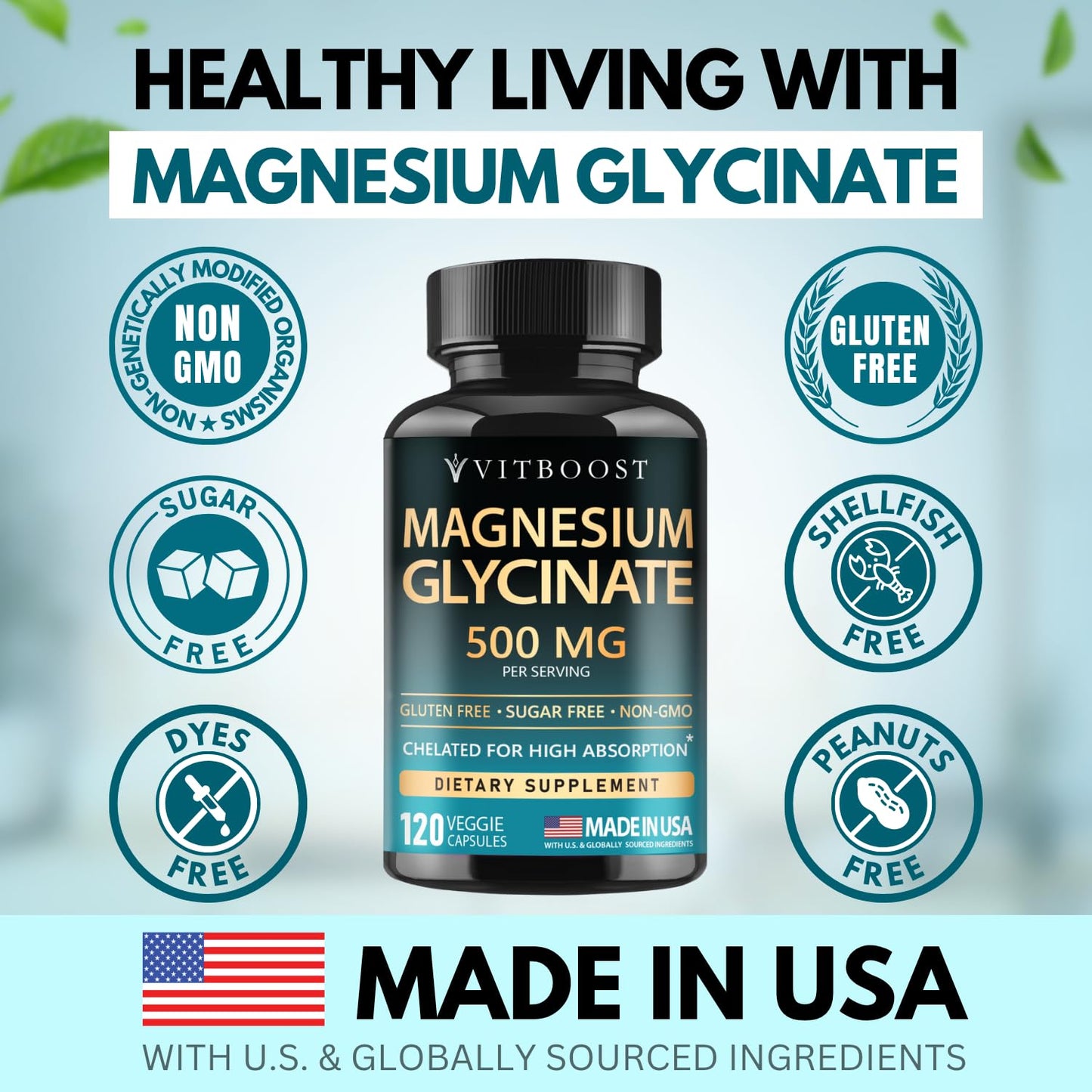 VitBoost Magnesium Glycinate 500mg – Sleep & Muscle Support – USA Made