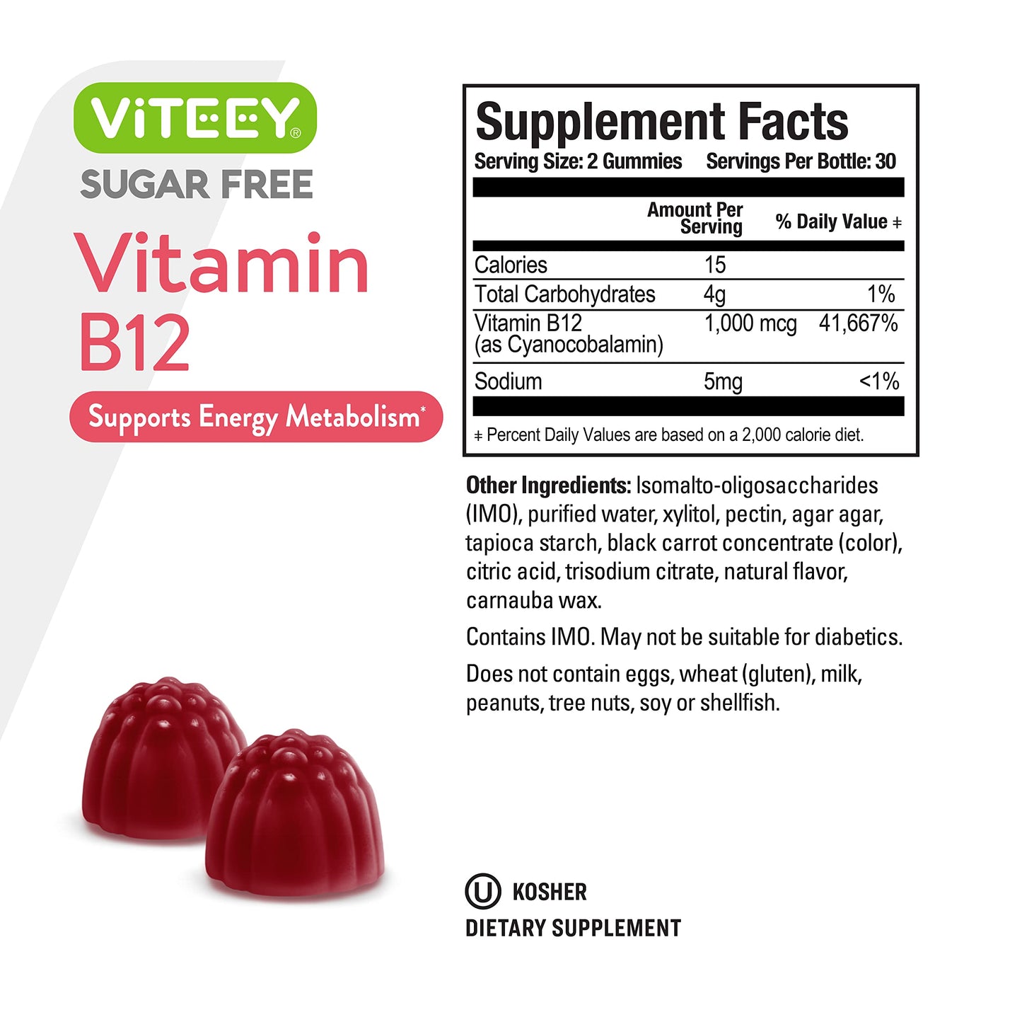 Viteey Vitamin B12 Gummies 1000mcg – Sugar Free, Strawberry (Adults & Teens) | Vegan, Gelatin Free