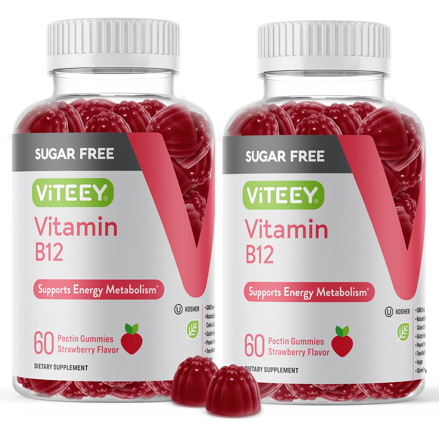 Viteey Vitamin B12 Gummies 1000mcg – Sugar Free, Strawberry (Adults & Teens) | Vegan, Gelatin Free