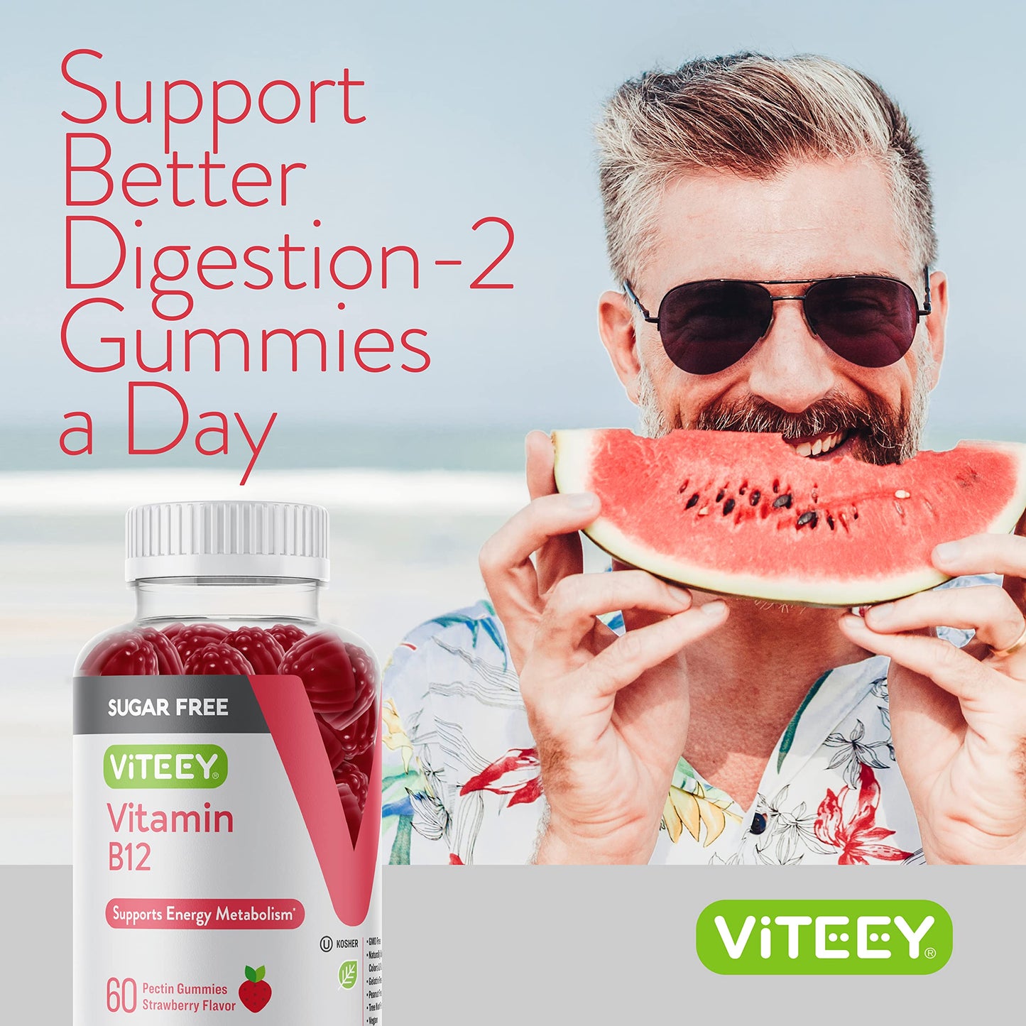 Viteey Vitamin B12 Gummies 1000mcg – Sugar Free, Strawberry (Adults & Teens) | Vegan, Gelatin Free