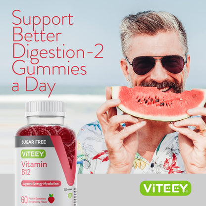 Viteey Vitamin B12 Gummies 1000mcg – Sugar Free, Strawberry (Adults & Teens) | Vegan, Gelatin Free