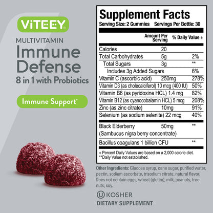 Viteey Multivitamin Gummies 8 in 1 Immune Support with Probiotics – Vegetarian, Gelatin Free, Non-GMO | 120 Gummies