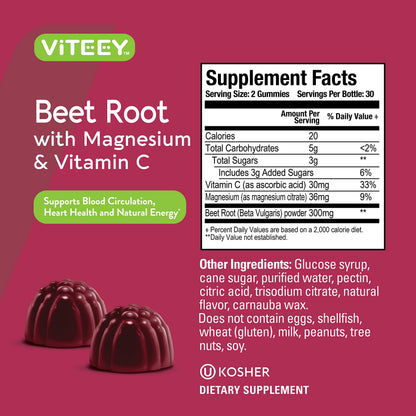 Viteey Beet Root Gummies with Magnesium & Vitamin C - Beetroot Supplement for Heart Health & Blood Pressure Support - Vegan, Gluten-Free - 60 Count