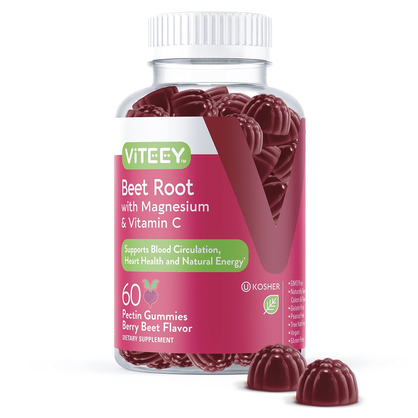 Viteey Beet Root Gummies with Magnesium & Vitamin C - Beetroot Supplement for Heart Health & Blood Pressure Support - Vegan, Gluten-Free - 60 Count
